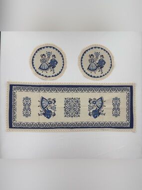 Vintage Dutch Folk Art Table Runner Doily Set Blue Cream Lace 3 Piece